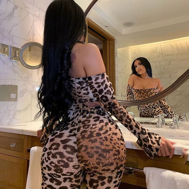 2026 Autumn Women Clothing New Sexy Leopard Print Bodysuits High Waist Bodycon Pants Fashion Two Piece Tracksuit Set