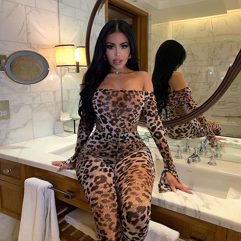 2026 Autumn Women Clothing New Sexy Leopard Print Bodysuits High Waist Bodycon Pants Fashion Two Piece Tracksuit Set