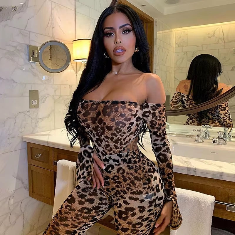 2026 Autumn Women Clothing New Sexy Leopard Print Bodysuits High Waist Bodycon Pants Fashion Two Piece Tracksuit Set
